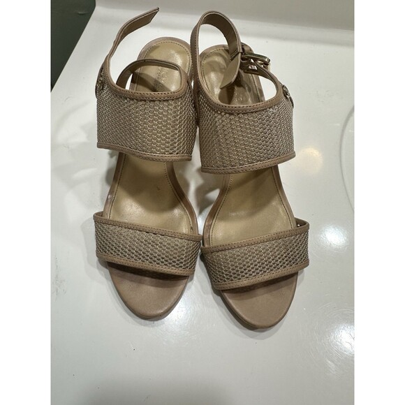 Michael Kors Leilah Sandals Nude Size 7.5M Mesh Ankle Strap 3 Inch Heel - Picture 1 of 5